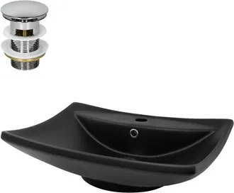 ML Design Ml-design - Lavabo Rectangular Curvado 610 X 455 X 185 Mm Negro De Cer&aacute;mica Mate Fregadero De Pared O Sobre Encimera Con Juego De Desag&uuml;e Lavamanos Mo