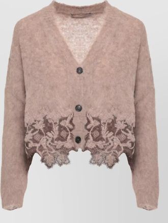 D.exterior alpaca wool lace trim v-neck cardigan