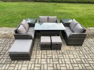 Fimous 9 Pieces Outdoor Rattan Garden Furniture Set with Patio Rectangular Dining Table Love Sofa 2 Side Tables 3 Footstools Dark Grey Mixed