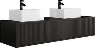 Vente-Unique Mueble de baño suspendido estriado con lavabo doble - Negro - 150 cm - ARNEGA