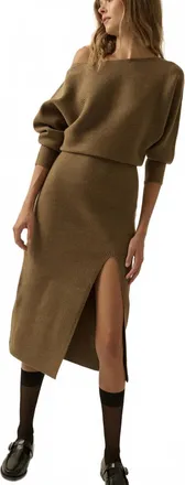 Promesa Rib-Knit One-Shoulder Dolman Midi Sweater Dress In Olive Brown