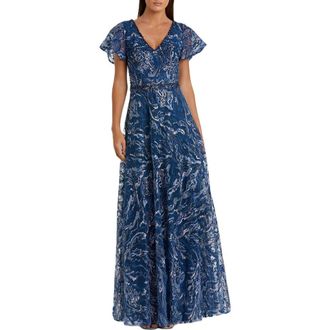 Mac Duggal Embellished Illusion Butterfly Sleeve A-Line Gown in Navy at Nordstrom, Size 14