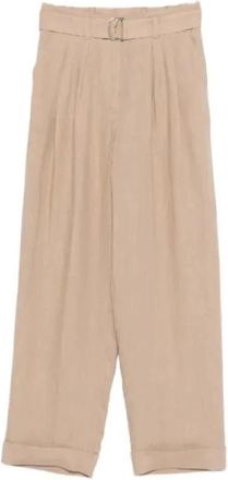 PANICALE Broek met plooien en riem - Dames - Vrijetijds broeken - Beige - M - Katoen - Broeken