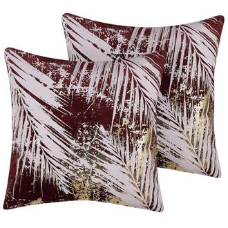 Beliani Conjunto De Cojines Decorativos Con Patr&oacute;n De Hoja De Palma Roja 45 X 45 Cm Estampado Floral Decoraci&oacute;n Glamour Calla