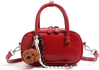 Generic Cymwer Women PU Leather Bowling Shoulder Bag with Zipper for School Work Travel (Red)