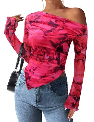 PrettyGarden Womens Fall Trendy Off Shoulder Y2k Tops 2025 Tie Dye Mesh Long Sleeve Shirts Asymmetrical Ruched Floral Blouse, Floral Rose Red, L