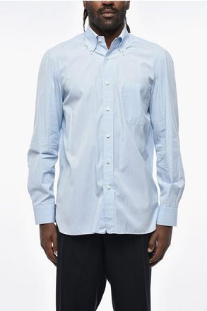 Borrelli Napoli Cotton Poplin Shirt with Button-Down Collar and Breast Pocke size 40
