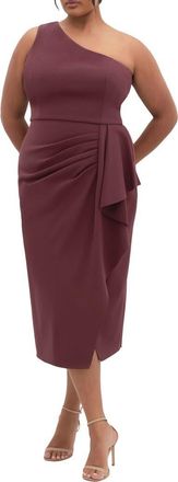 City Chic Priyanka Ruffle One-Shoulder Midi Dress in Chocolate Cherry at Nordstrom, Size Xxl