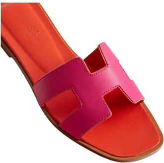 Herm&egrave;s Fuschia Pink/Orange Calfskin Leather Oran Sandals Size 41