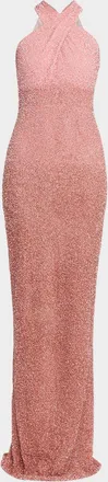 Pamella Roland Sequined Crisscross Halter Gown