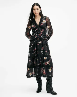 AllSaints Zora Floral Ruffle Midi Dress