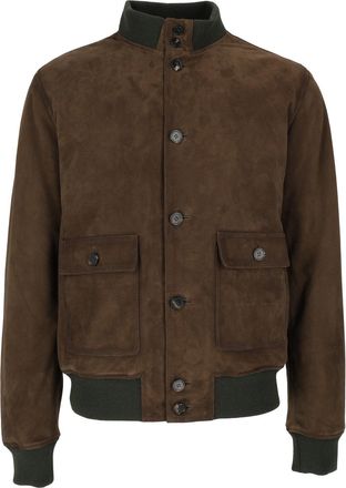 STEWART Suede Bomber Jacket with Knit Collar and Button Closure