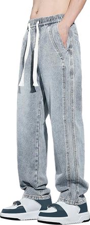 Generic Mens Denim Pants Loose Fit Jeans Drawstring Elastic Waist Baggy Trousers Straight Wide Leg Denim Jeans Pants Casual Street Lightweight Trousers Leisur