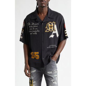 Amiri Varsity Patch Oversize Camp Shirt in Black at Nordstrom, Size Xxx-Large