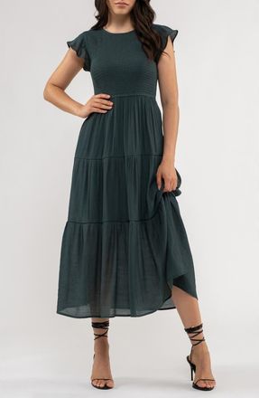 Blu Pepper Flutter Sleeve Smocked Tiered Midi Dress in Hunter Green at Nordstrom Rack, Size Medium