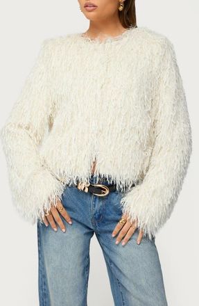 Edikted Aleandra Fringe Faux Fur Crop Jacket in Cream at Nordstrom, Size X-Small