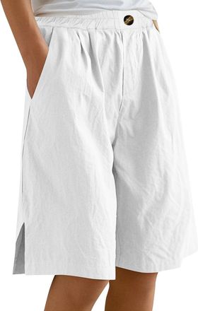 Generic Bermuda Shorts for Women Wide Leg Linen Knee Length Summer Casual Long Shorts Loose High Waisted Short with Pockets