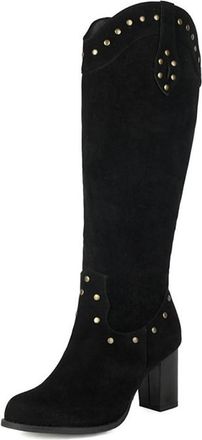 Generic Womens Round Toe Knee High Riding Boots Wide Calf Studded Decor Block High Heel Side Zip Retro Winter Shoes (Black,5.5)