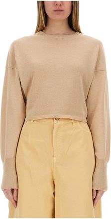 Alysi Maglia Cropped Cotone Crepe - Dames - Ronde hals truien - Beige - M - Katoen - Truien & Vesten