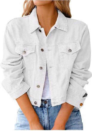 Generic Denim Jacket Womens White Denim Jackets Womens Jeans Stretchy Long Sleeve Trucker Jacket with Pocket Summer Jacket Fly-Away Collar Cuffs with Button J
