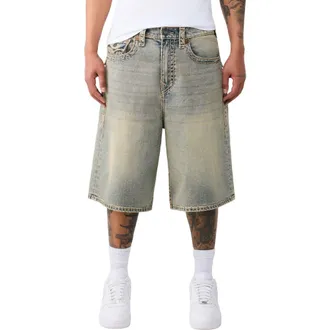 True Religion Mikey Super T Flap Denim Shorts in Crossover Fade Medium Wash at Nordstrom, Size 40