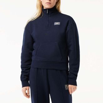 Lacoste Womens High Neck Zipped Fleece Jogger Sweatshirt in Blue Cotton - Size 8 UK