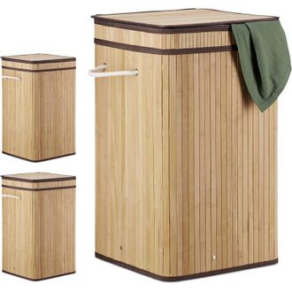 Relaxdays Relaxdays 3x Bamboo Pop-Up Laundry Hamper, with Handles, Portable, 70L Load, Square Laundry Bag, HxØ: 63 x 36cm, Natural