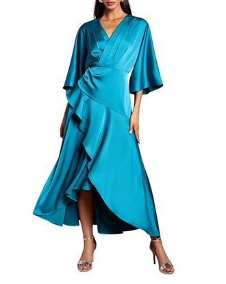 Coast Satin Crepe Ruffle Wrap Midi Dress in Teal at Nordstrom, Size 10