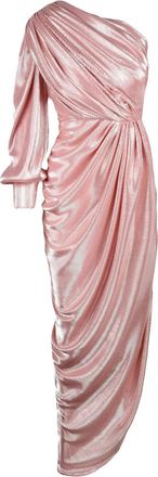 Rhea Costa Pink Polyamide One-Shoulder Ruched Lam&eacute; Maxi Dress