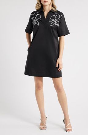 Ming Wang Embroidered Cotton Blend Shirtdress in Black/White at Nordstrom, Size Medium