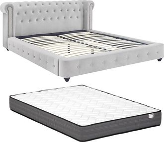 Vente-Unique Cama chesterfield 160 x 200 cm - Terciopelo - Gris claro + Colch&oacute;n - TONGERLA