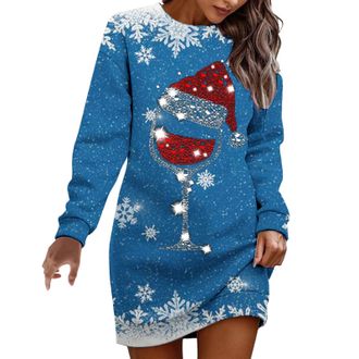 Generic Christmas Dresses for Women UK Womens Oversized Sweatshirt Dress Long Sleeve Crew Neck Christmas Sparkle Dress Xmas Wine Glass Printed Dresses Long To