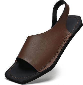 Generic Mens Genuine Leather Flat Slides Sandals Classic Round Open Toe Slip On Non Slip Outdoor Casual Slippers Summer Lightweight Beach Sandals (Brown,11.5)