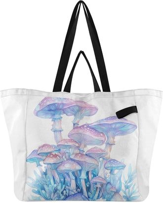 Generic Mushroom Plant Blue print Reusable Canvas Tote Bag, Heavy Duty Grocery Shopping Bag with Large Capacity Double Handles Hard Bottom Work Groceries Trav