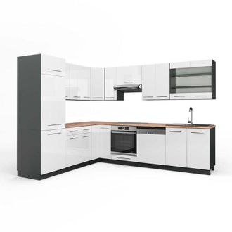 Vicco Cocina Esquinera Fame-line, Blanco Brillo/antracita, 227 X 287 Cm, Et Roble