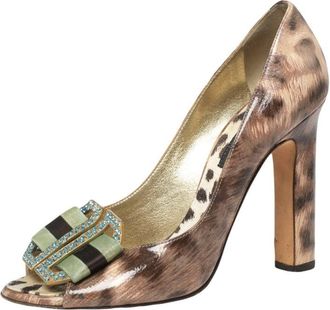 Roberto Cavalli Brown/beige Leopard Print Patent Leather Embellished Buckle Detail Peep-Toe Pumps