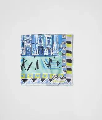 Prada Pittoresque Milan Print Silk Foulard 90, Woman, Sky Blue