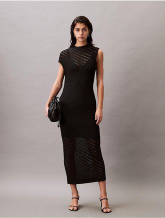 Calvin Klein Womens Sweater Stitch Midi Dress - Black - XS