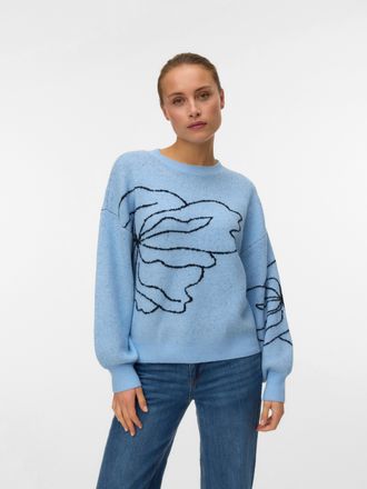 Vero Moda Strickpullover VERO MODA AWHEART LS O-NECK KNIT NOOS, Damen, Gr. M, cashmere blau aop:night sky flower, Strick, Obermaterial: 58% Polyester, 38% Polya