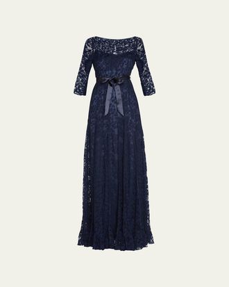 Teri Jon 3/4-Sleeve Lace Overlay Gown