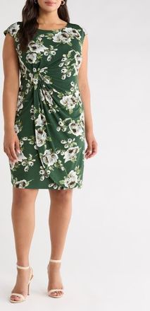 Connected Floral Cap Sleeve Faux Wrap Midi Dress in Moss at Nordstrom, Size 14W