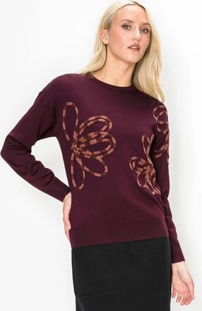 YAL New York Burgundy Crewneck Sweater with Floral Appliqu&eacute;