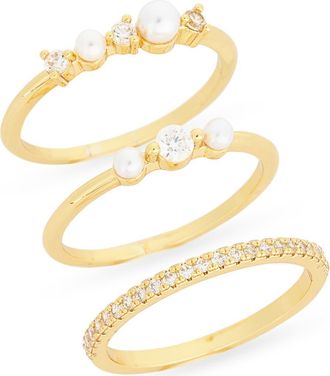 Nordstrom Rack Set of 3 Cubic Zirconia & Faux Pearl Stackable Rings in Clear- White- Gold at Nordstrom Rack, Size Medium/large