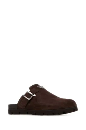 Prada Mens Dark Brown Suede Slippers Moro Flat Shoes