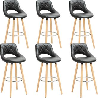 Woltu Woltu - Juego De 6 Taburetes De Bar, Piel Sint&eacute;tica Y Madera Maciza Con Respaldo Y Reposapi&eacute;s 43x43x91cm Negro