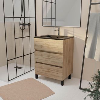 Aurlane Mueble De Ba&ntilde;o 60 Cm 3 Cajones Roble Natural + Lavabo De Cer&aacute;mica Negra - Timber