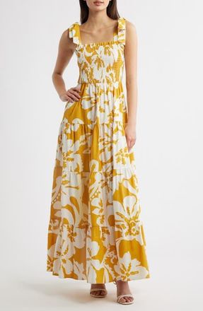 Flying Tomato Floral Tie Shoulder Tiered Maxi Dress in Yellow at Nordstrom, Size Medium