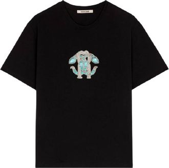 Roberto Cavalli Embellished Mirror Snake Cotton T-Shirt, Brand Size 44 ( US Size 10 )