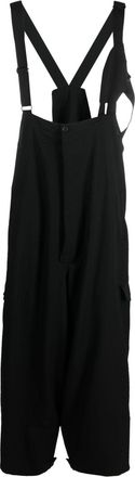 Yohji Yamamoto drop-crotch wool suspender trousers - men - Wool/Cotton/Linen/Flax - 3 - Black