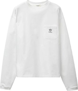 Versace Geborduurd katoenen T-shirt met lange mouwen - Heren - Longsleeves - Wit - XL - Katoen - Tops